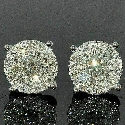 2Ct Round Cut Real Moissanite Men's Cluster Stud Earrings 14K White Gold Plated
