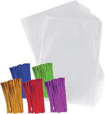 Clear Plastic Cellophane Bags with 4 Colored Twist Ties for Gifts Party Favors (