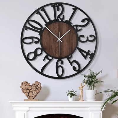 Mee 2ou Large Wall Clock for Living Room 24inch, Dark Brown - Arabic Numbers