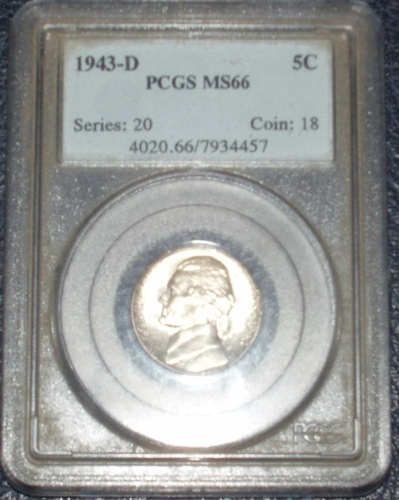 PCGS Certified MS 66 Graded 1943 Year US Jefferson Nickels (1938