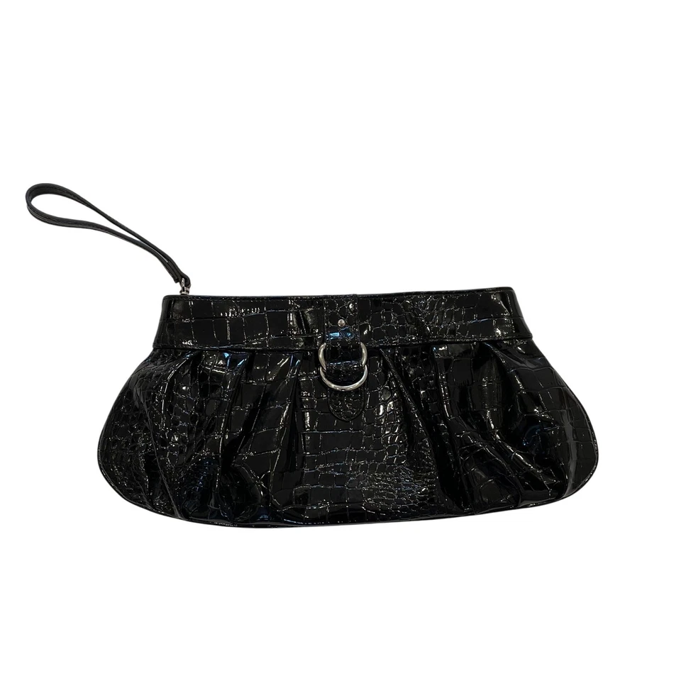 Apt. 9 Cartera sin asas negra de charol sintético de cocodrilo en relieve, cierre a presión Foto 3 de 4