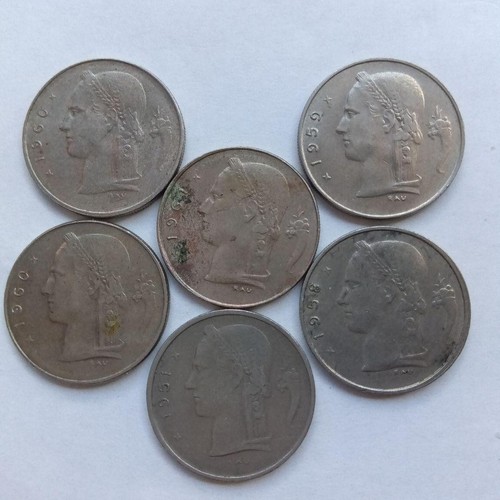 Set of 6 Belgian 1 Franc coins, 1950 and 1959