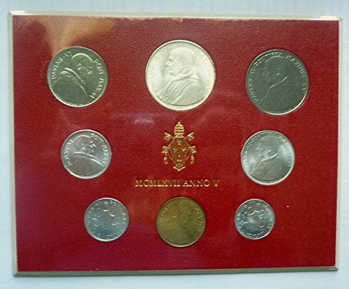 1967 VATICAN - OFFICIAL MINT BU SET (8) w/ SILVER 500 LIRE - POPE PAUL VI - RARE
