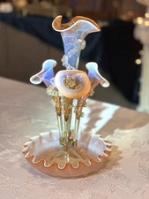 Holiday Sale! Antique Victorian Pink Opalescent Art Glass Epergne