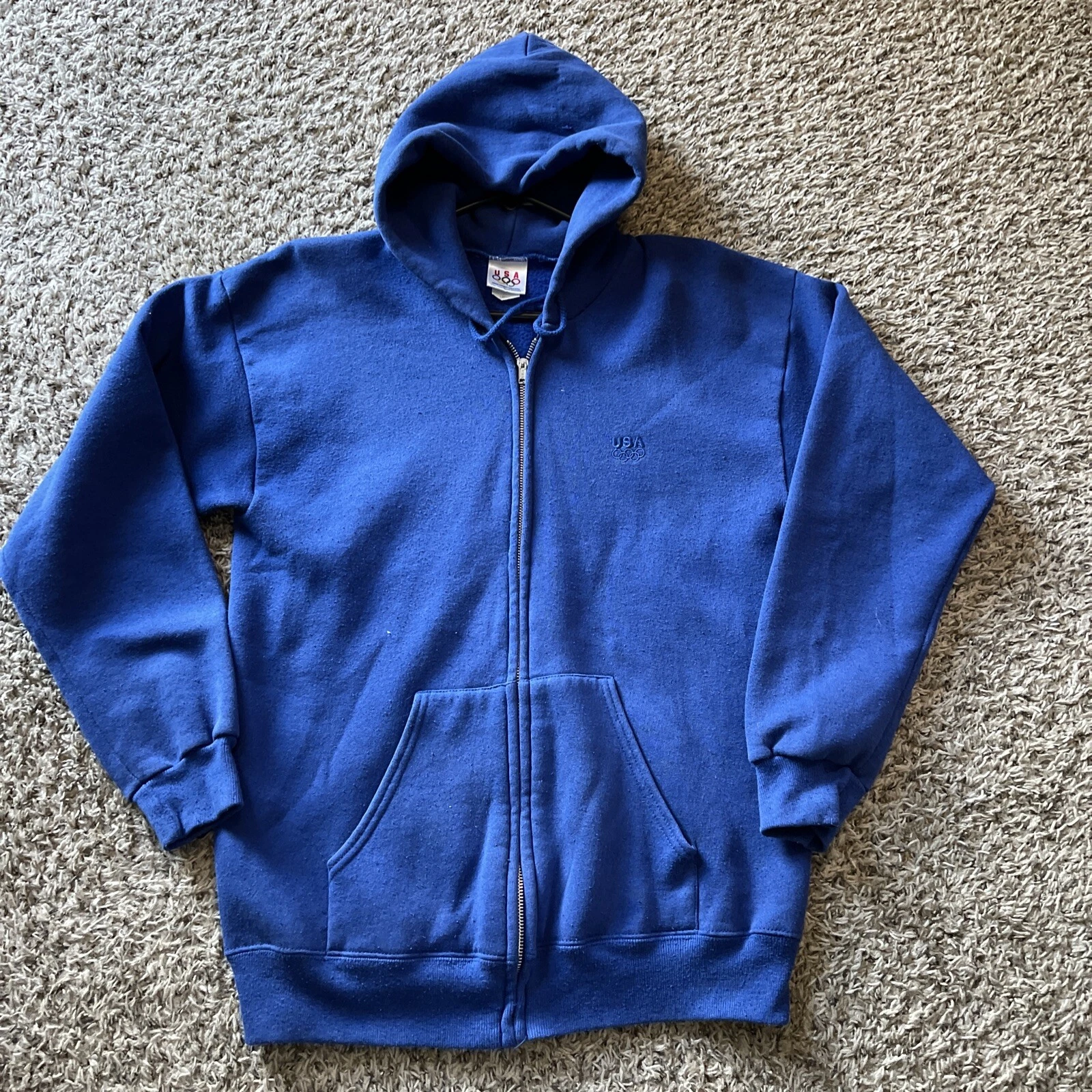 Vtg 90s USA Olympic Blank Zip Up Hoodie Mens Size Lg Faded Blue 19”x 27”