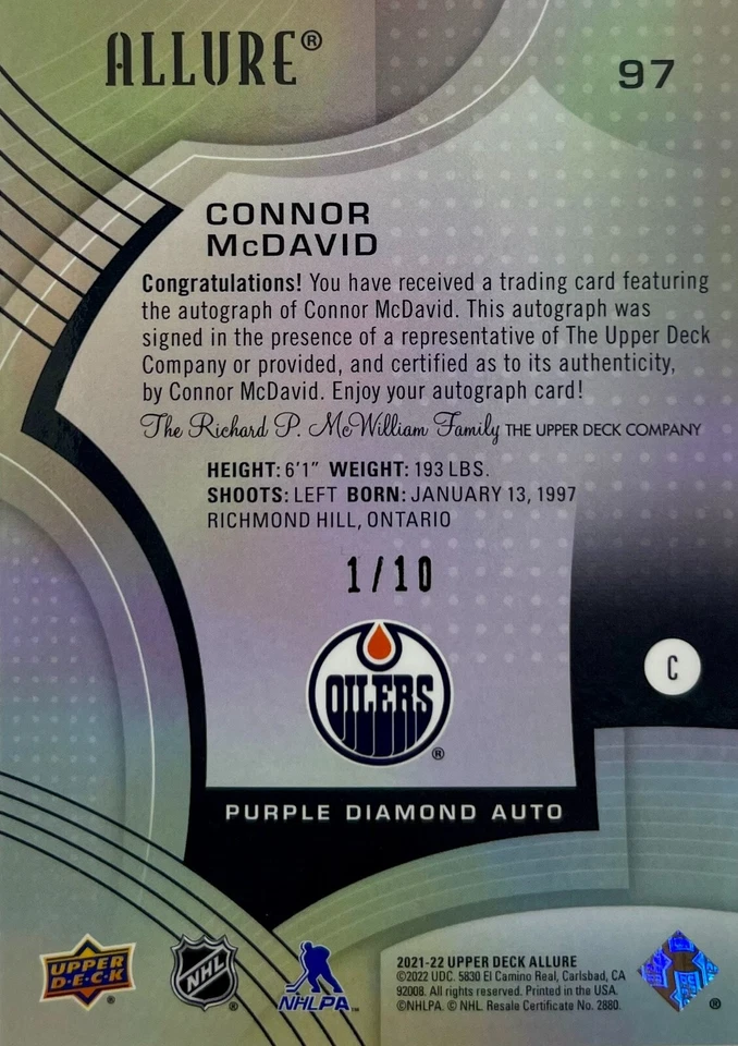 Connor McDavid autographed 2022 Upper Deck 1/10 #97 card NHL Edmonton Oilers - Image 2 of 2