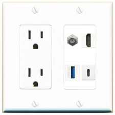 COAX HD USB-3 USBC Port Wall Plate w/Power Outlet White