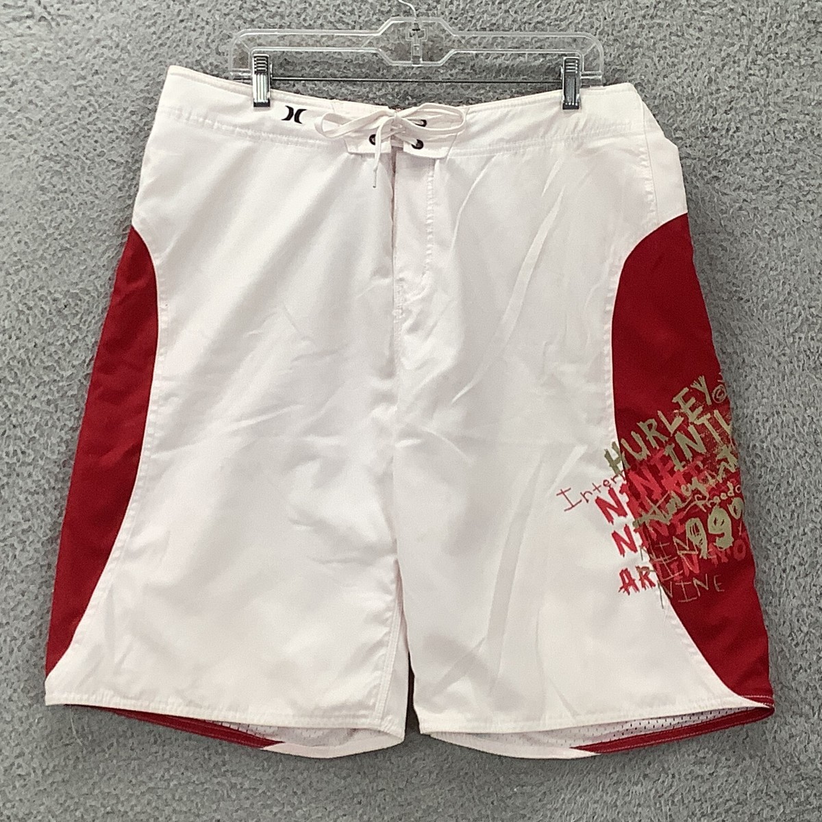 Hurley Board Shorts Trunks Men 36x11 White Red International Art in Motion  Lined
