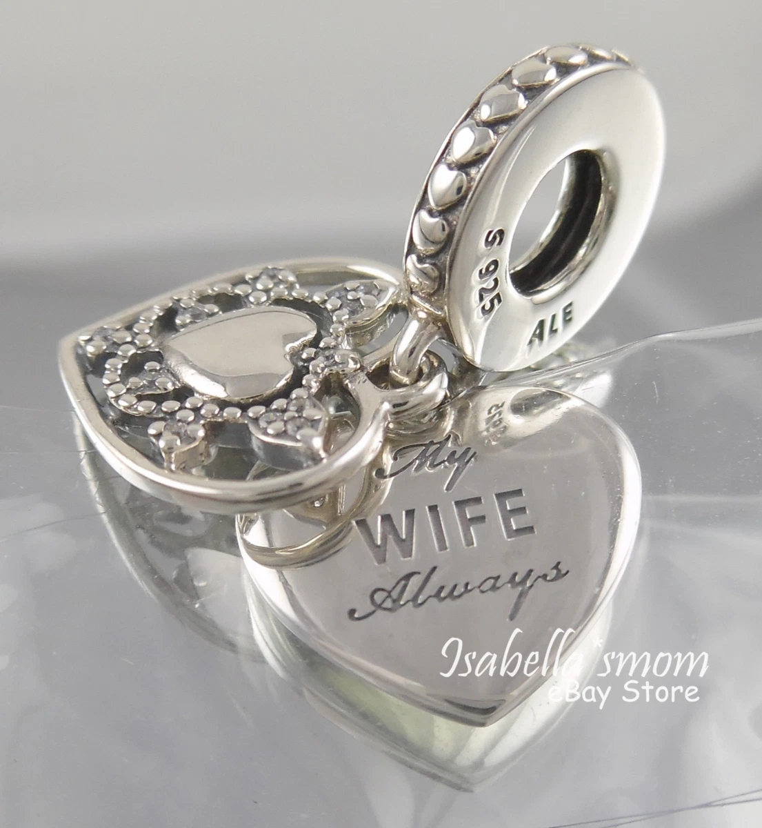 MY WIFE ALWAYS Authentic PANDORA Silver DOUBLE HEART Dangle Charm  