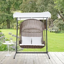 Modway Vantage Wicker Rattan Outdoor Patio Swing Chair w/ Canopy in Brown/White