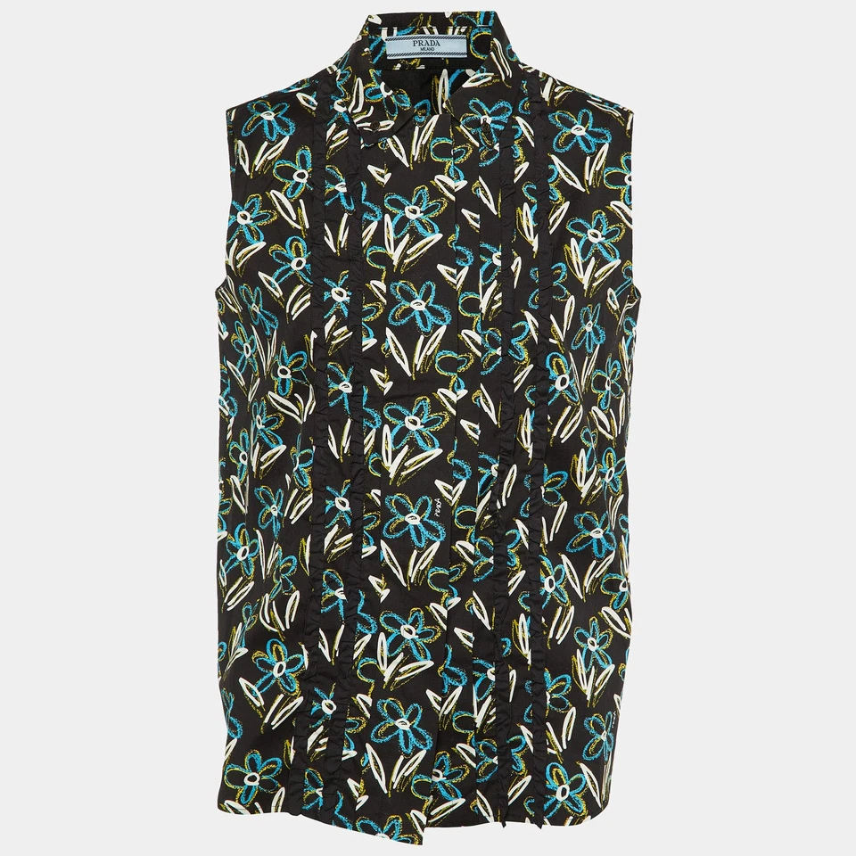 Prada Black Floral Print Cotton Button Front Top S