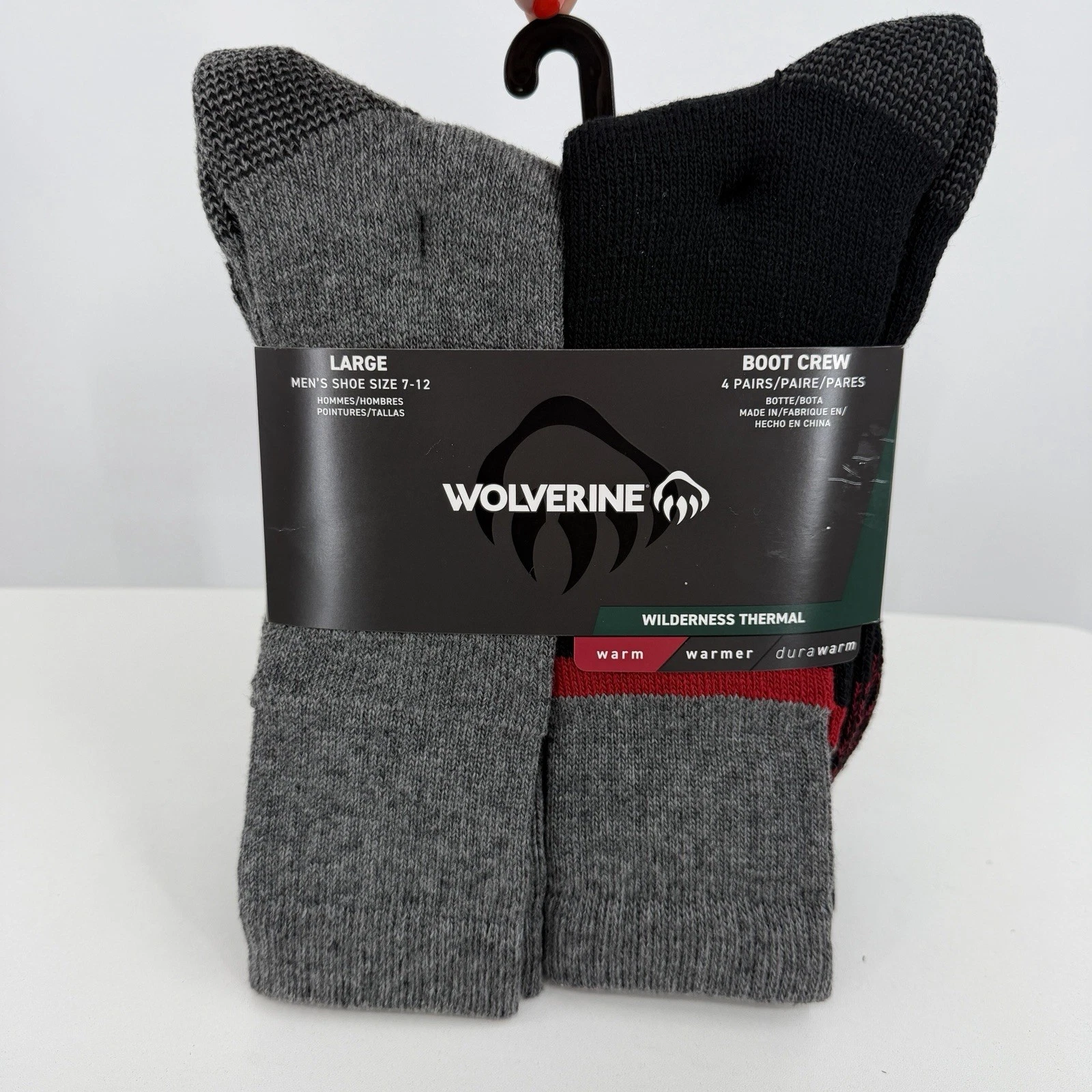 Wolverine Men's Wilderness Thermal Boot Crew Socks Large L/7-12 Wool Black/Red/G