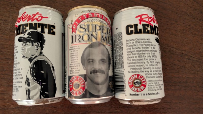 2 Roberto Clemente and 1 Rocky Blier Empty Iron City Beer Cans