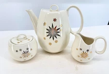 MCM White Gold Starburst Snowflake Coffee Tea Pot Creamer Sugar Set Atomic Mod
