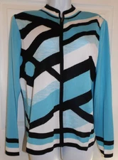 NWOT Turquouise/Black/White MING WANG Zip Front Long Sleeve Cardigian - Medium