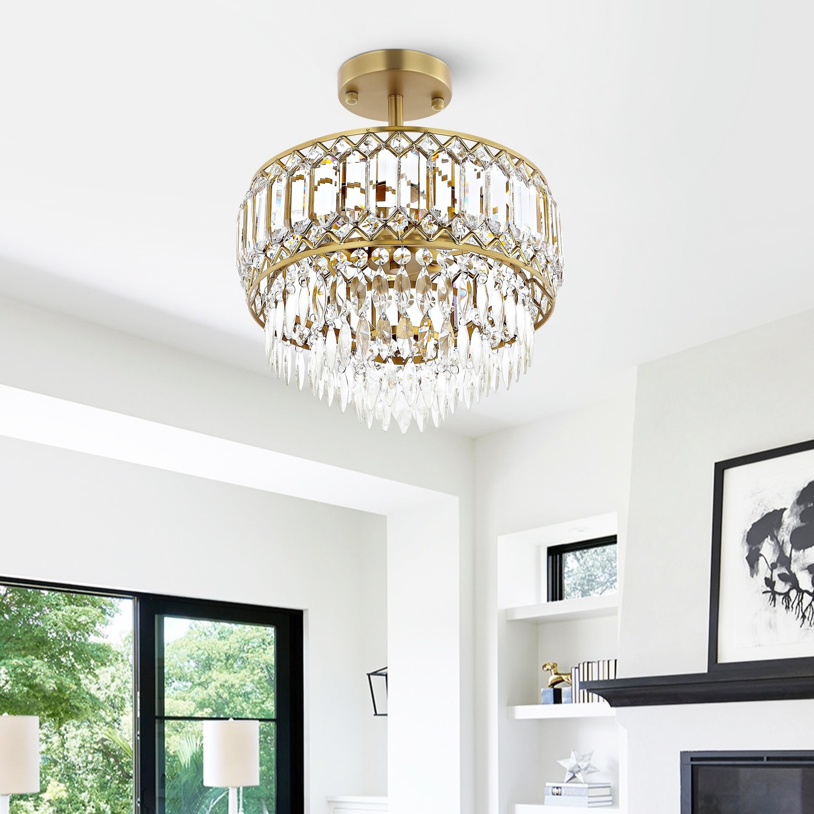 Dimmable Crystal Semi-Flush Mount Ceiling Light with 3 Lights