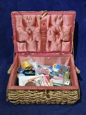 Vintage Wicker Sewing Basket Lot Full w/Notions Wrights Singer Buttons Thread 