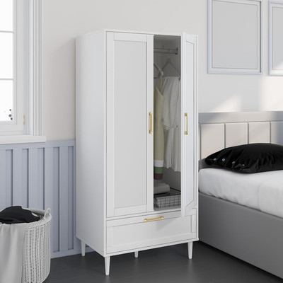 Stylish 60'' White Armoire Wardrobe Closet with Drawers & Hanging Rod