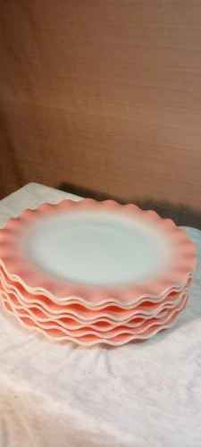 (7) Hazel Atlas Crinoline Pink Ripple Milk Glass Plates 8 3/4”  MCM Vintage