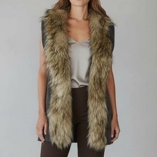 Guess Women's Gray Knit Vest Gilets Faux Fur Trim Toggle Closure Size L Chic