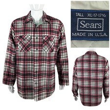 SEARS Mens XL Tall Plaid Quilted Flannel Shirt Jacket Perma Prest Vintage