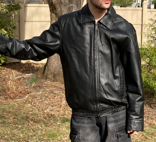 Vintage Columbia Jacket, Black Leather, Mens Medium, w/ Custom Embroidery, Eagle - Picture 2 of 11