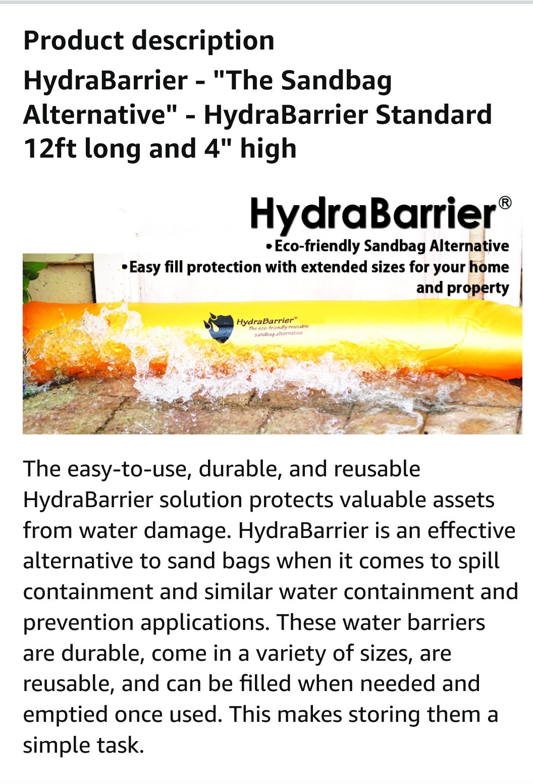 Best Sandbag Alternative Hydrabarrier Standard 12 Foot Length 4 Inch