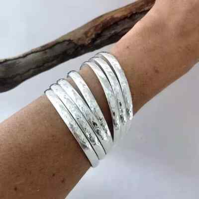Set Of 7 Bangle Solid 925 Sterling Hammered Silver Handmade Women Bangle, M1270