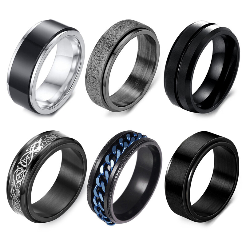 Anxiety Ring Fidget Toy Rings For Men Black Stainless Steel Rotate