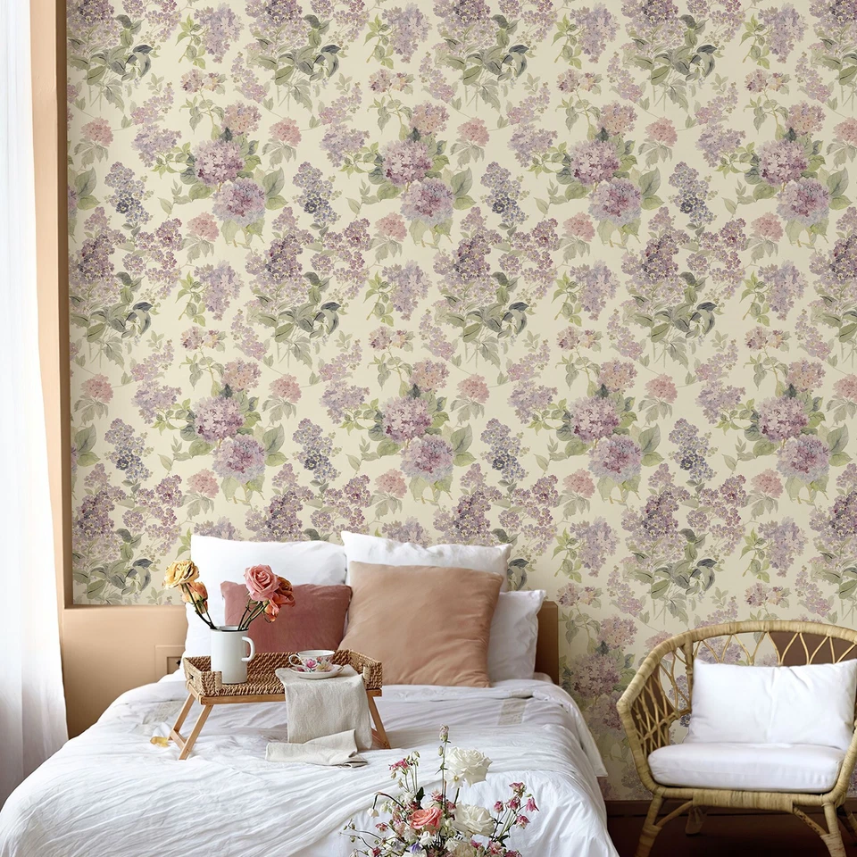 Floral Peel and Stick Wallpaper Removable Pink Purple Lilac Flower Wallpaper - Image 4 of 4