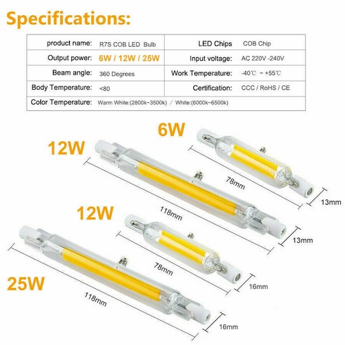 LED R7s 78mm 118mm Glasröhre Glühbirne COB Ersetzen Halogenlampe Dimmbar - Picture 13 of 15