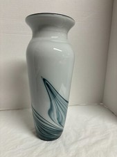 Beautiful White Glass Vase 13" w/Black/Blueish Swirl Design Unbranded GREAT GIFT