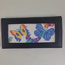 NEW Handpainted Needlepoint Canvas Butterfly Wallet Organizer Billfold 18 Ct