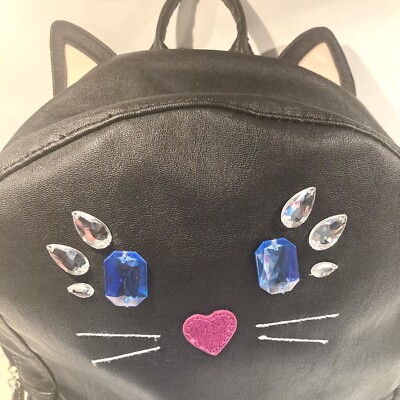 BETSEY JOHNSON Jeweled Face Black Kitty Cat Backpack Purse 