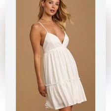 Lulu’s Day of Sunshine White Babydoll Mini Dress Tiered Lined Wedding Boho Sz M