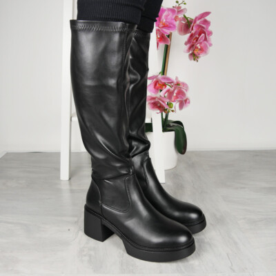 Schwarze Plateau-Stiefel hoher Absatz halbhoher Reißverschluss bequem klassisch Damen Frauengrößen