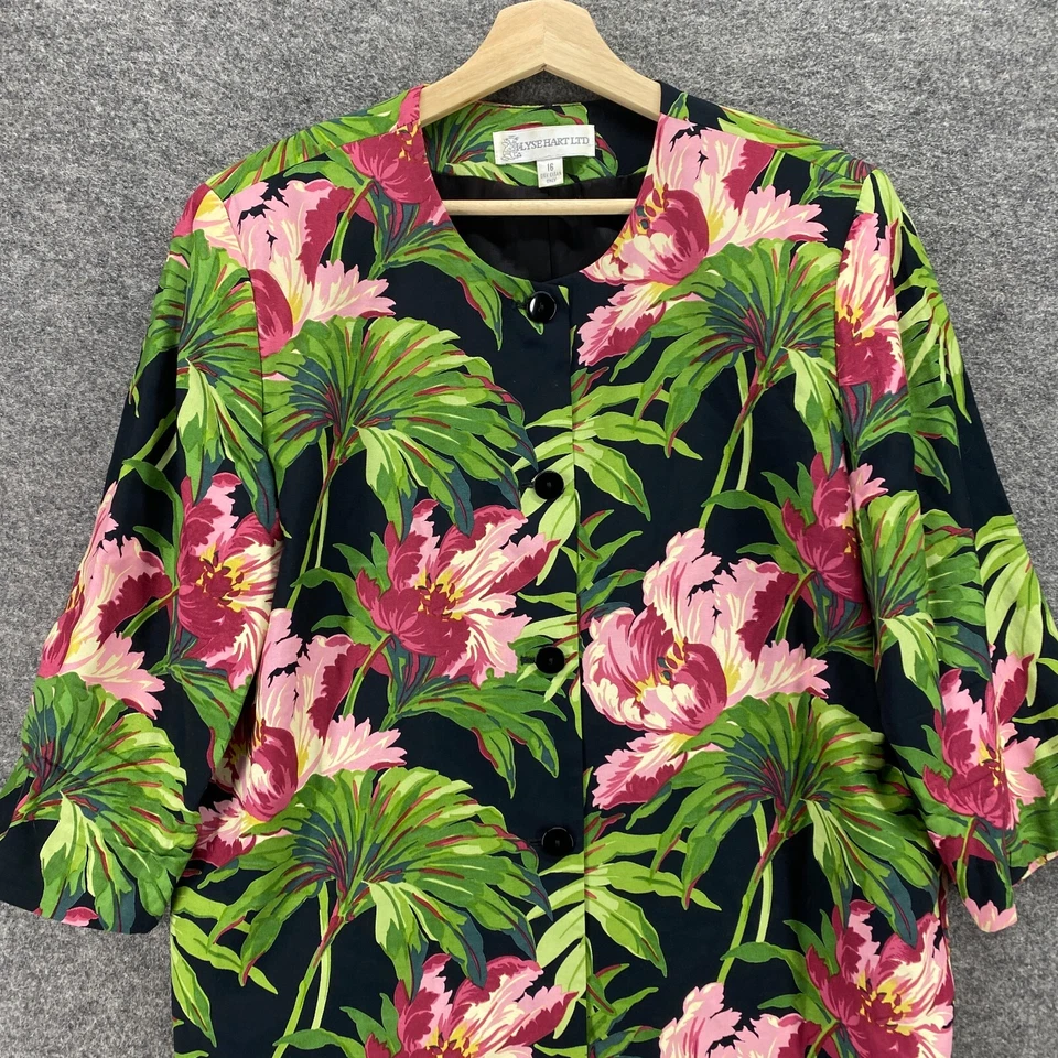 Blazer Ilyse Hart Rtd Mujer 16 Plus Negro Floral Abotonado Manga 3/4 Algodón Foto 3 de 4