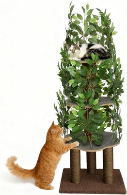 Cat Tree with Leaves   Stable & Space-Saving Design   4 Scratch Levels & 5 Scrat