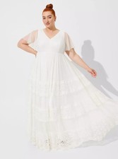 Ivory Lace and Swiss Dot A-Line BOHO Wedding Dress Plus Size 18 Bright White
