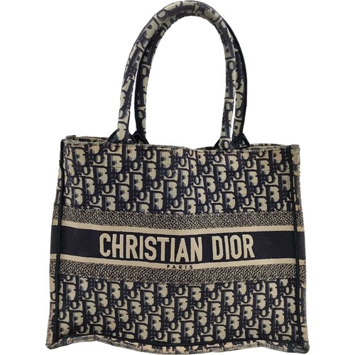 Dior Oblique Book Tote Medium Navy Blue Jacquard Canvas Embroidery Handbag Auth
