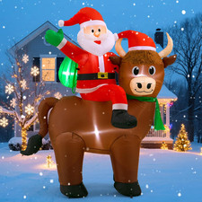 6FT Highland Cow Christmas Inflatables: Santa Claus with Highland Cow, Santa Blo