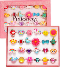 Little Girl Jewel Rings in Box, Adjustable, No Duplication, Girl Pretend Play an