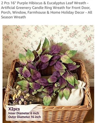 Cllenarun 2pcs 16in Artificial Purple Hibiscus & Eucalyptus Floral Wreath