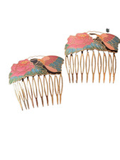 New Cloisonn Floral Gold Tone Metal Hair Combs Set of 2 for Women