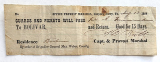 1864 Civil War Military Pass Harper's Ferry Virginia