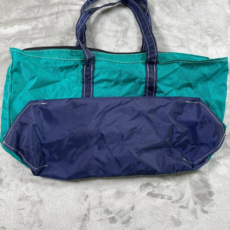 Bolso de Mano y Barco LL Bean Vintage Grande Azul Verde Nylon Años 80 90 Bolsillos Raro Foto 3 de 4
