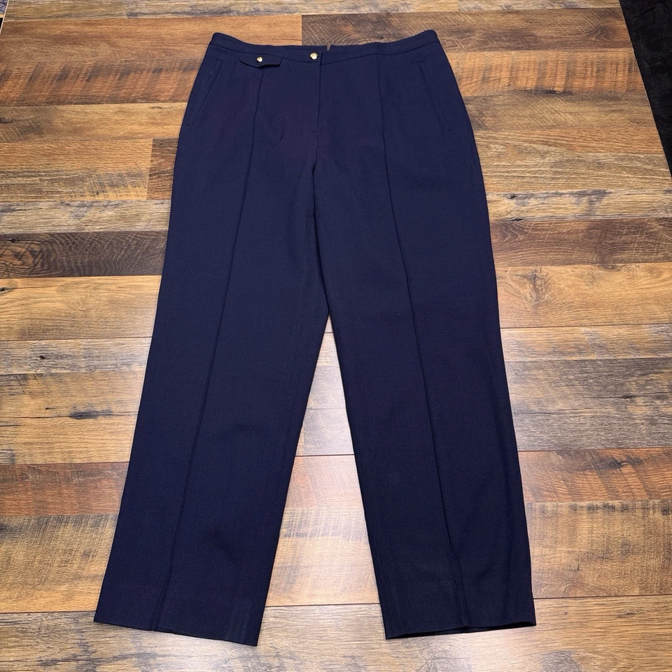 Lauren Ralph Lauren Dress Pants Womens 14 Navy Blue Gold Button Wool Stretch  - Image 2 of 4