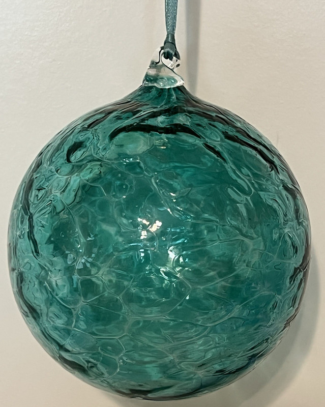 Aqua Blue Blown Glass Ornament Orb Ball 3.5" Murano Style Crackle Bubbles Finish