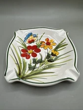 Hand Painted Colorful Floral Ceramic Ashtray 7in Cigar Vintage 1970s Brazil MCM