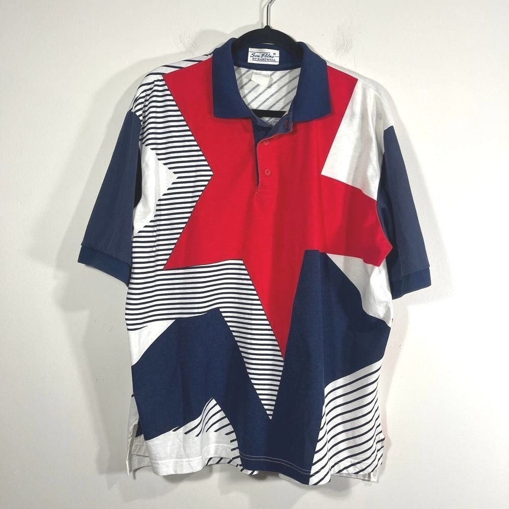 Vtg Sea Palms by Hartwell Mens XL Polo Top Patriotic Star Stripe Retro Resort